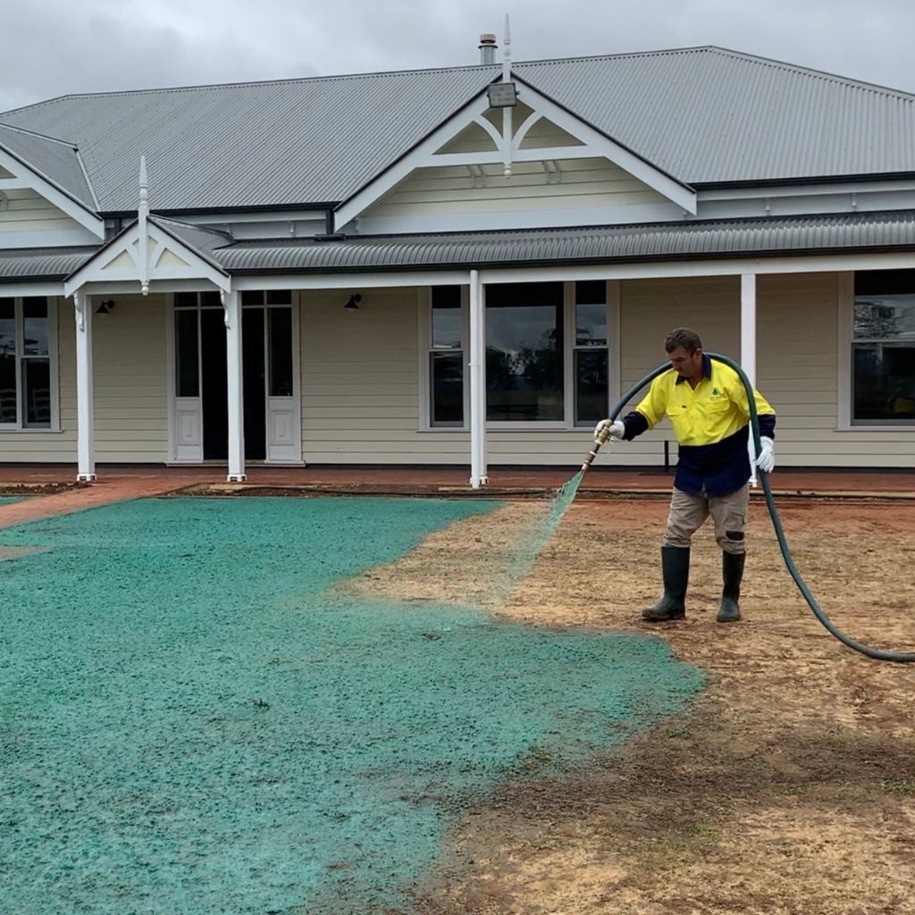 A team member applying green hydroseed mulch to a prepared site for a new lawn.